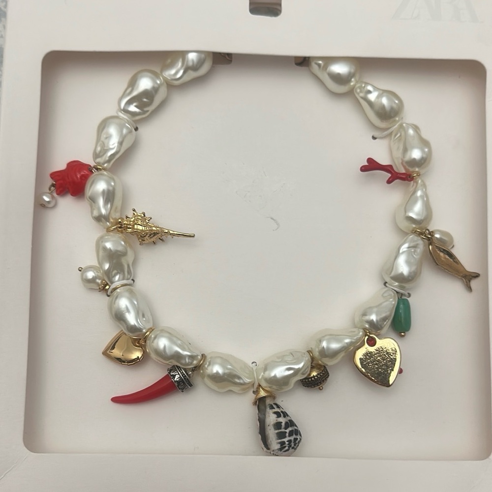 Zara Pearl Necklace with Gold and Red Charms